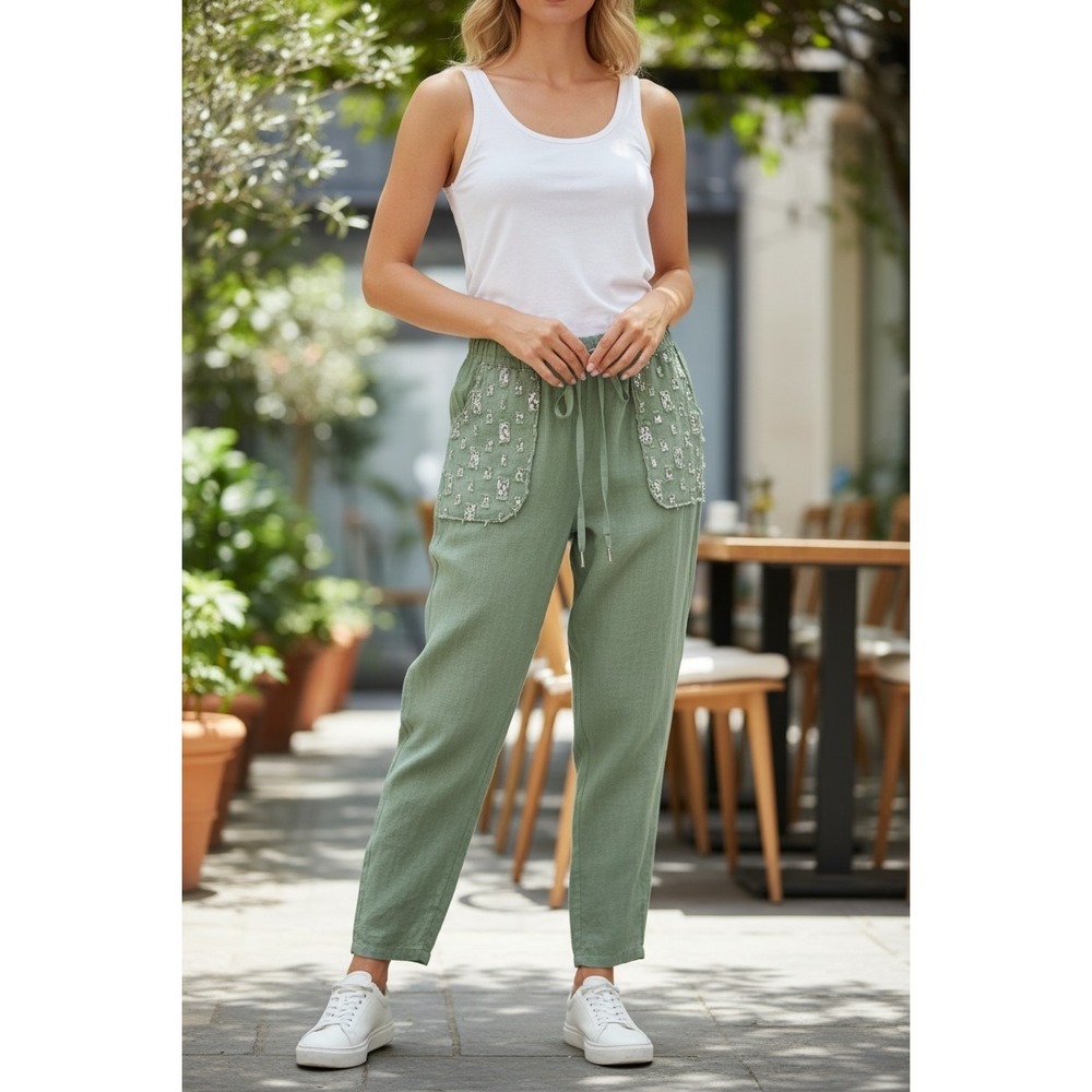 CENTO uno ITALY M NWT Linen Sequined Pull-On Pants Sage Green Boho Chic Festival